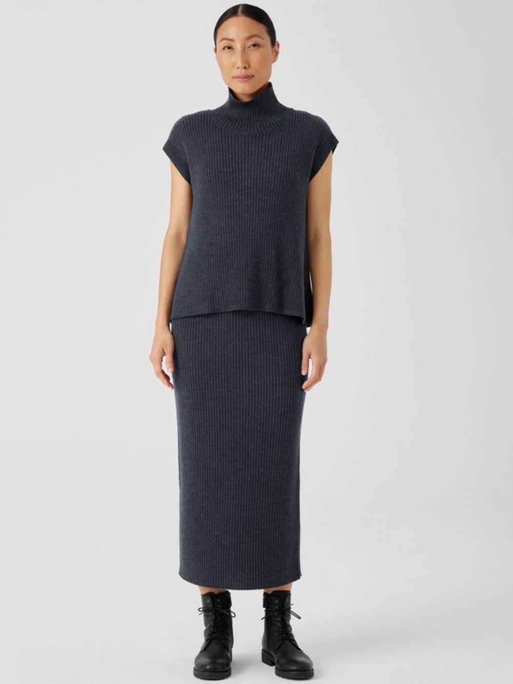 Eileen Fisher Charcoal Ribbed Knit Midi Skirt M